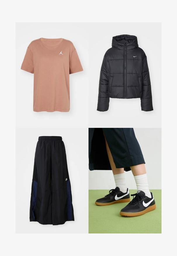 Giubbotto imbottito nero in nylon, con zip frontale, cappuccio e due tasche frontali. Il design presenta sezioni cucite e un piccolo logo.; Jordan TEE - T-shirt basic - archaeo brown/(white); Pantaloni neri a gamba larga realizzati in tessuto leggero, con un pannello laterale blu navy e una cintura elastica. Piccolo logo bianco sul fondo.; Sneaker in pelle nera e sintetica con logo Nike bianco, suola in gomma, punta rotonda e lacci neri. Calze bianche a righe visibili.