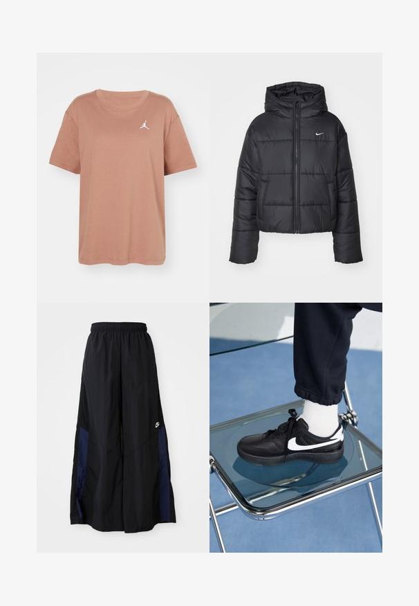 Zwarte pufferjack van nylon, met een rits aan de voorkant, een capuchon en twee vo pockets. Het ontwerp heeft gestikte secties en een klein logo.; Jordan TEE - T-shirt basic - archaeo brown/(white); Zwarte wijdlopende broek van lichtgewicht stof, met een marineblauwe zijpaneel en een elastische tailleband. Klein wit logo onderaan.; Zwarte Nike sneakers met witte accenten, met een gladde leren textuur, vetersluiting en ronde neus, geplaatst op een glazen stoel.