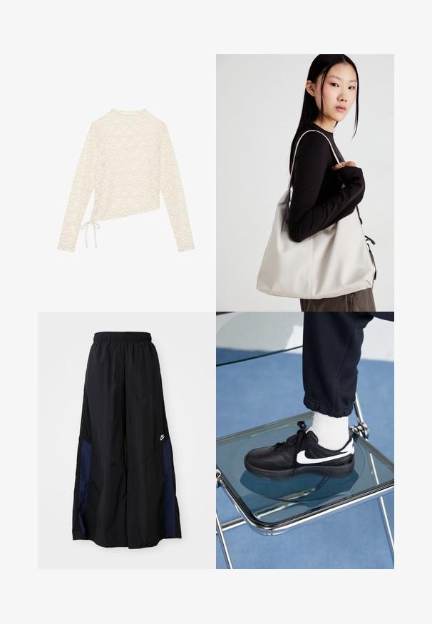 Sort pufferjakke lavet af nylon, med lynlåslukning foran, hætte og to forlommer. Designet inkluderer syede sektioner og et lille logo.; Cremefarvet langærmet top med blomstret blonde mønster, høj hals og sidebånd til justerbar pasform. Blød tekstur og letvægtsstof.; Sorte vide benbukser lavet af letvægtsstof, med et marineblåt sidepanel og en elastisk talje. Lille hvidt logo nederst.; Sorte Nike sneakers med hvide detaljer, der har en glat læderoverflade, snørebånd og rund tå, placeret på en glasstol.; Beige håndtaske lavet af blødt materiale med et slouchy design, stikninger og to skulderremme. Velegnet til daglig brug.