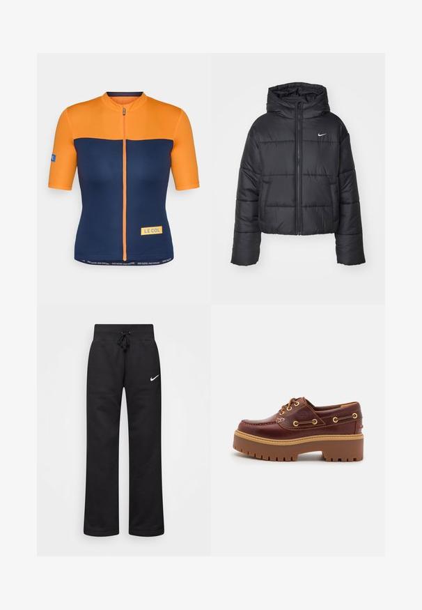 Czarna kurtka puchowa wykonana z nylonu, z zapięciem na zamek, kapturem i dwiema przednimi kieszeniami. Projekt zawiera przeszywane sekcje oraz małe logo.; Koszulka do jazdy na rowerze z krótkim rękawem w kolorze pomarańczowym i granatowym, z zamkiem z przodu, akcentami logo oraz kontrastującymi panelami o gładkiej fakturze.; Czarne dresy wykonane z mieszanki bawełny, z elastycznym pasem ze sznurkiem, prostymi nogawkami i białym logo Nike po lewej stronie.; Brązowe skórzane buty typu boat shoe z grubą brązową gumową podeszwą, złotymi oczkami i kontrastowym szwem. Posiadają logo na boku.