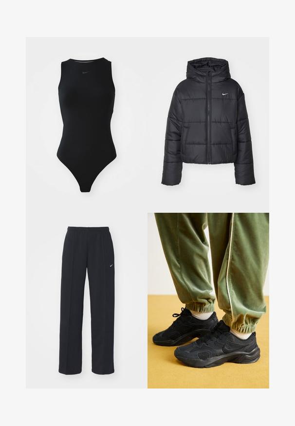 Fekete pehelydzseki, amely nejlonból készült, elöl cipzárral, kapucnival és két elülső zsebbel rendelkezik. A dizájnja varrott részeket és egy kis logót tartalmaz.; Fekete ujjatlan fürdőruha magas nyakkivágással, letisztult dizájnnal és Nike logóval a mellkasán. Sima, rugalmas anyagból készült.; Fekete Nike joggingnadrág, rugalmas derékpánttal és oldalsó zsebekkel, bal lábon egy kis fehér logóval és egyenes szabású dizájnnal.; Fekete sportcipők hálós és szintetikus borítással, texturált talppal, zöld, rugalmas mandzsettájú melegítőnadrággal, sárga felületen.