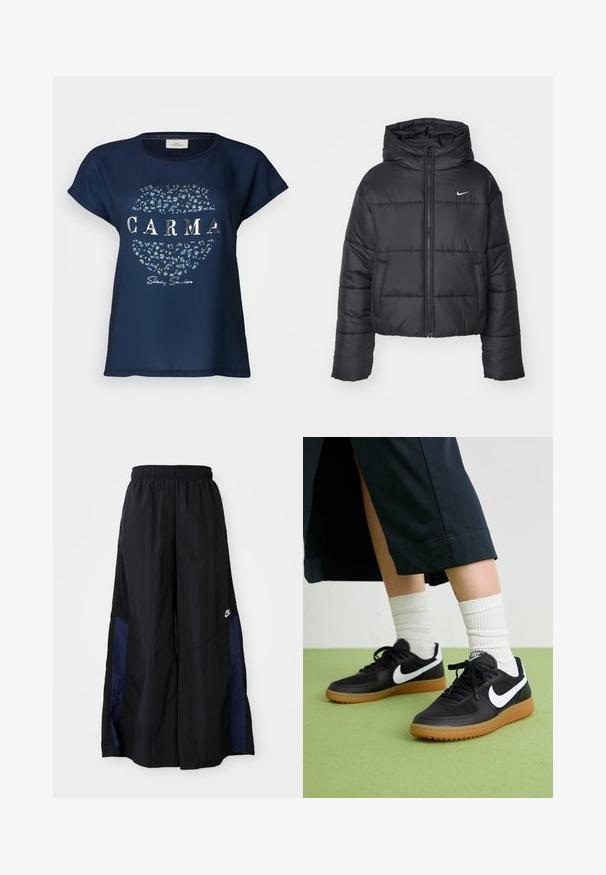 Melnā pūkainā jaka, kas izgatavota no neilona, ar rāvējslēdzēja priekšpusi, kapuci un divām priekšējām kabatām. Dizainā ietilpst šuvju sekcijas un mazs logotips.; ONLY Carmakoma CARKETTY LIFE MIX TEE - Apdrukāts T-krekls - black iris; Melni plata kāju bikses no viegla auduma, ar tumši zilu sānu paneli un elastīgu jostu. Mazs balts logotips apakšā.; Melna āda un sintētiska materiāla sporta apavi ar baltu Nike logo, gumijas zole, apaļa purngala forma un melni šņores. Redzamas ribotas baltas zeķes.