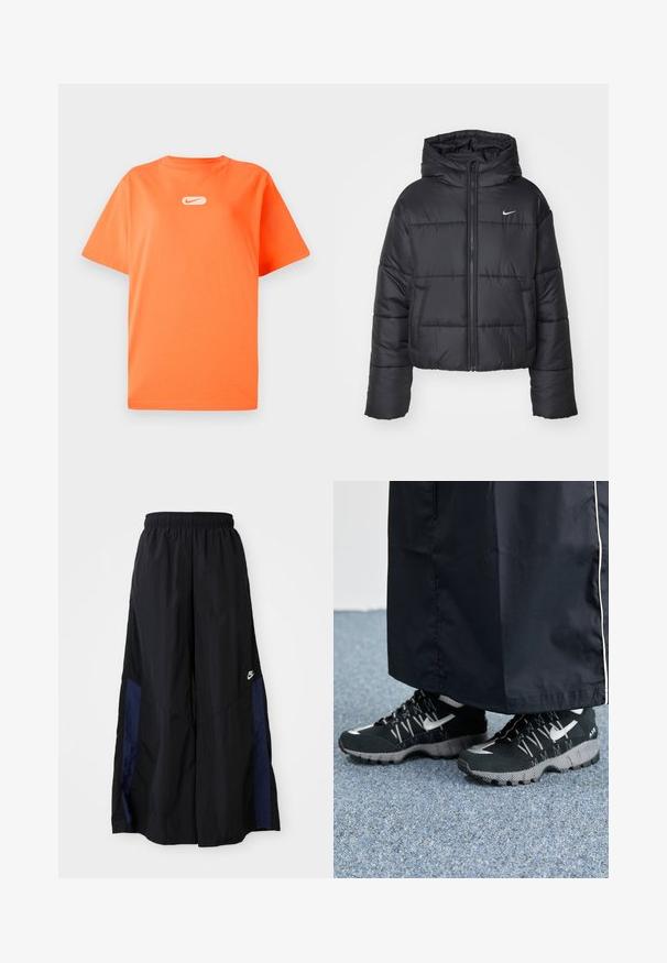 Casaco puffer preto feito de nylon, com fecho éclair à frente, capuz e dois bolsos frontais. O design inclui secções cosidas e um pequeno logo.; T-shirt de algodão laranja com decote redondo e mangas curtas. Apresenta um pequeno logótipo branco da Nike no peito. Ajuste casual e textura suave.; Calças largas pretas feitas de tecido leve, com um painel lateral azul-marinho e cintura elástica. Pequeno logótipo branco na parte inferior.; Tênis atléticos pretos com um cabedal texturizado, detalhes prateados e um solado estampado, combinados com uma peça longa preta. Ambientado sobre um tapete azul.