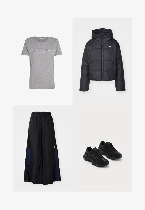 Sort pufferjakke lavet af nylon, med lynlåslukning foran, hætte og to forlommer. Designet inkluderer syede sektioner og et lille logo.; Grå bomuld t-shirt med korte ærmer og rund hals, prydet med "TOMMY HILFIGER EST. 1985" logo i hvidt på brystet.; Sorte vide benbukser lavet af letvægtsstof, med et marineblåt sidepanel og en elastisk talje. Lille hvidt logo nederst.; Sorte sportssko med en struktureret overdel, der har et fremtrædende "N" logo, polstret sål og en slank, moderne silhuet.