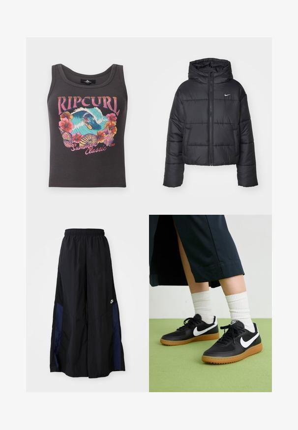 Must värvi puffer-jakk, mis on valmistatud nailonist, omab lukuga esiosa, kapuutsi ja kahte esimest taskut. Disain sisaldab õmmeldud sektsioone ja väikest logo.; Tumehall riidepusa, millel on värviline surfiteema ja lilleline graafika, ees tekst "Rip Curl Suveklassika 1969".; Mustad laiad mustad püksid kergest kangast, millel on tumesinine külgpaneel ja elastne vöökoht. Väike valge logo allservas.; Mustad nahast ja sünteetilised sneekerid valge Nike logoga, kummist gumme, ümar nina ja mustad paelad. Näha ribakujulisi valgeid sokke.
