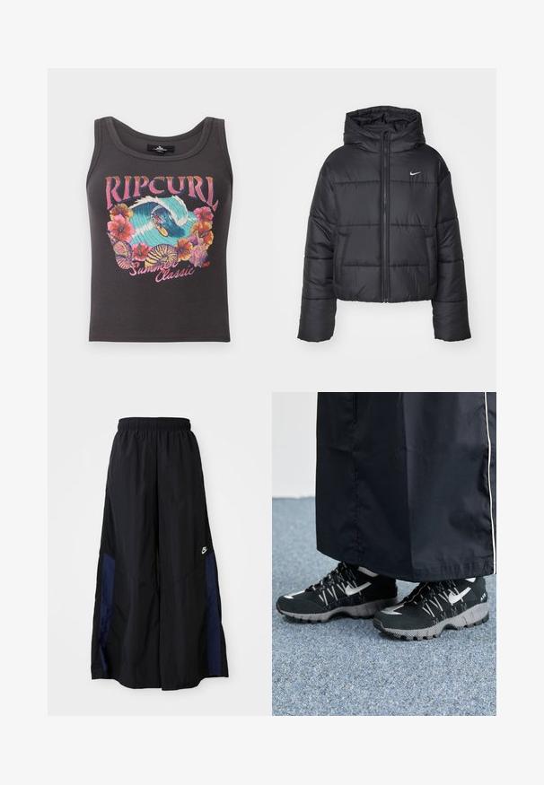 Giubbotto imbottito nero in nylon, con zip frontale, cappuccio e due tasche frontali. Il design presenta sezioni cucite e un piccolo logo.; Canottiera a coste grigio scuro con grafica colorata di surf e fiori, testo "Rip Curl Summer Classic 1969" sul davanti.; Pantaloni neri a gamba larga realizzati in tessuto leggero, con un pannello laterale blu navy e una cintura elastica. Piccolo logo bianco sul fondo.; Scarpe sportive nere con tomaia testurizzata, dettagli argentati e suola con motivo, abbinate a un lungo indumento nero. Ambientate su un tappeto blu.