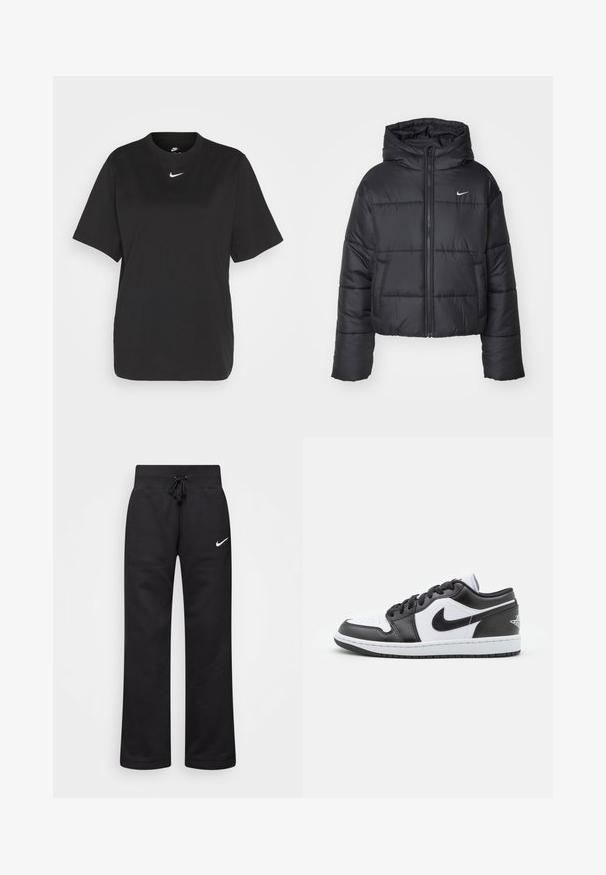 Czarna kurtka puchowa wykonana z nylonu, z zapięciem na zamek, kapturem i dwiema przednimi kieszeniami. Projekt zawiera przeszywane sekcje oraz małe logo.; Czarny bawełniany t-shirt z krótkim rękawem, okrągłym dekoltem i białym logo Nike na klatce piersiowej. Prosty, luźny fason.; Czarne dresy wykonane z mieszanki bawełny, z elastycznym pasem ze sznurkiem, prostymi nogawkami i białym logo Nike po lewej stronie.; Czarno-białe niskie sneakersy Nike mają górną część wykonaną z gładkiej skóry, okrągły czubek, związane zapięcie oraz wzorzystą gumową podeszwę.