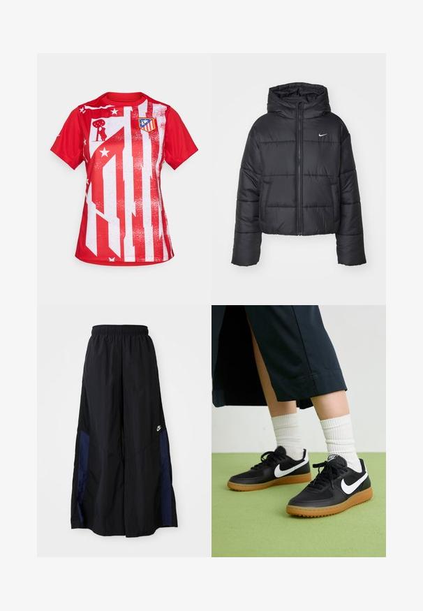 Musta puhallettava takki, joka on valmistettu nylonsesta, varustettu vetoketjukiinnityksellä, hupulla ja kahdella etutaskulla. Suunnittelussa on brodeerattuja osia ja pieni logo.; Punainen lyhythihainen pelipaita, jossa on valkoiset raidat ja tähtiä, sekä seuralaatta vasemmassa rinnassa, valmistettu kevyestä kankaasta.; Musta leveälahkeinen housu, joka on valmistettu kevyestä kankaasta. Housuissa on tummansininen sivupaneeli ja joustava vyötärö. Alhaalla on pieni valkoinen logo.; Mustat nahka- ja synteettiset urheilukengät, joissa on valkoinen Nike-merkki, kuminen pohja, pyöreä kärki ja mustat nauhat. Raitapintaiset valkoiset sukat näkyvissä.
