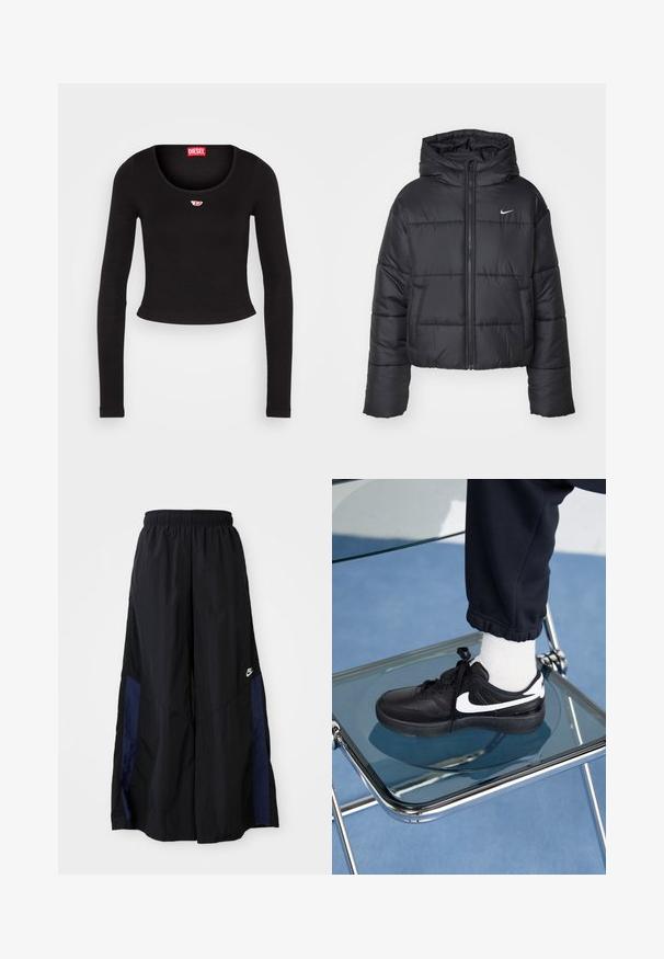 Černá péřová bunda vyrobená z nylonu, s předním zipem, kapucí a dvěma předními kapsami. Design zahrnuje prošívané části a malé logo.; Černý dlouhý rukáv croptop vyrobený z ribovaného materiálu. Má kulatý výstřih a malou červenou a bílou nášivku na hrudi.; Černé kalhoty širokého střihu vyrobené z lehkého materiálu, s námořnickou modrou bočním panelem a elastickým pasem. Malé bílé logo na spodní části.; Černé tenisky Nike s bílými akcenty, s hladkou koženou texturou, šněrovacím designem a zaoblenou špičkou, umístěné na skleněné židli.