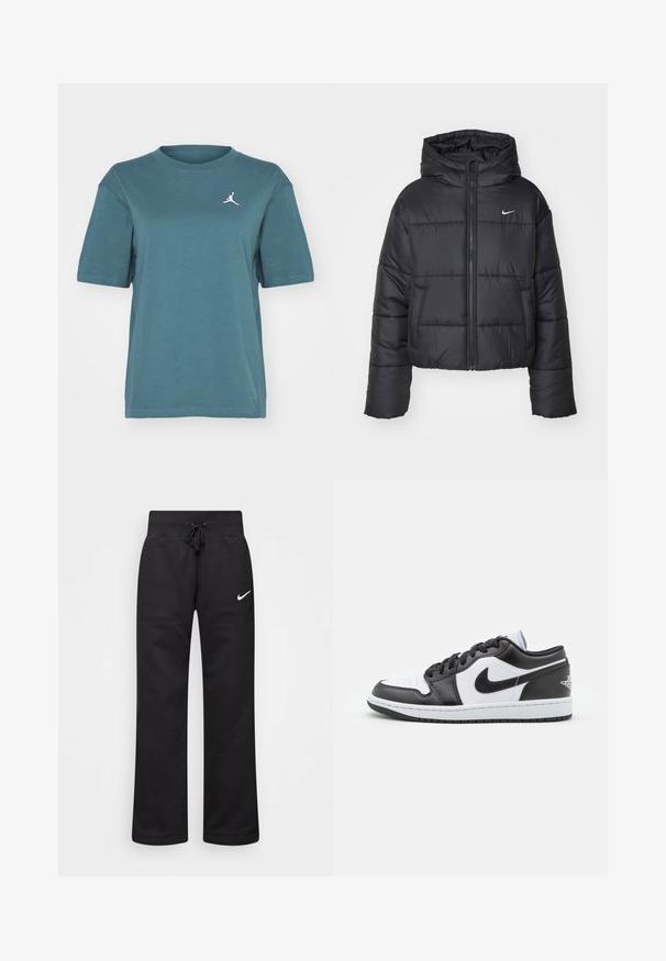 Must värvi puffer-jakk, mis on valmistatud nailonist, omab lukuga esiosa, kapuutsi ja kahte esimest taskut. Disain sisaldab õmmeldud sektsioone ja väikest logo.; Jordan TEE - Lihtne T-särk - oxidized green; Mustad puuvillasegistusega mustad dressipüksid, millel on paelaga vöökoht, sirged jalad ja vasakul küljel valge Nike logo.; Mustvalged mustade ja valgete Nike madala profiiliga teniseketsid, millel on sile nahast ülemine osa, ümar varvas, paeltega kinnitamine ja mustriline kummist välistald.