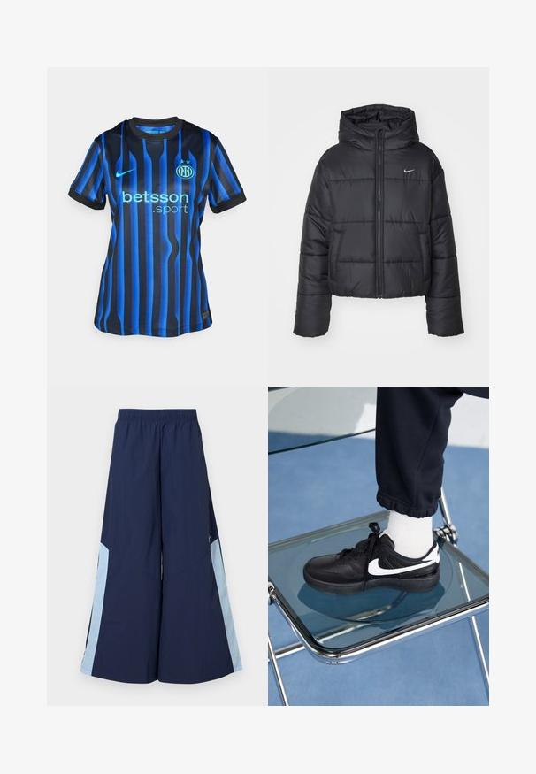 Svart puffjacka i nylon, med dragkedja fram, huva och två framfickor. Designen inkluderar stickade sektioner och en liten logotyp.; Svart- och blårandig fotbollsjersey med rund halsringning. Har en ljusblå "betsson.sport"-logotyp och rund lagemblem på bröstet.; Marinblå vida byxor med elastisk midja, med ljusblå sidopaneler och en slät textur. Designade för komfort och rörlighet.; Svarta Nike-sneakers med vita detaljer, med en slät läderstruktur, snörningsdesign och rund tå, placerade på en glasstol.