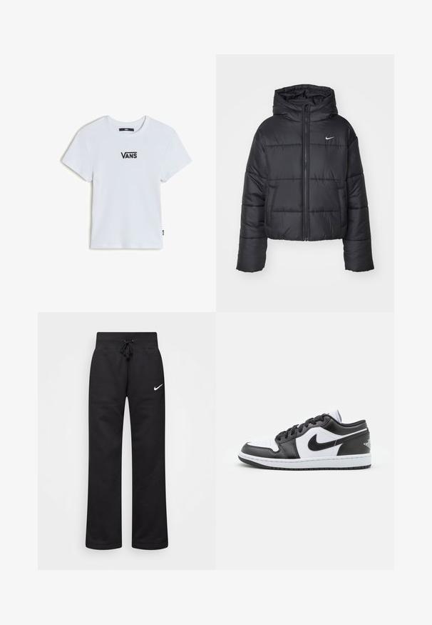 Sort pufferjakke lavet af nylon, med lynlåslukning foran, hætte og to forlommer. Designet inkluderer syede sektioner og et lille logo.; Hvid ribbet t-shirt med korte ærmer, der har et lille sort "VANS" logo på brystet og en lige kant med et vævet mærke på siden.; Sorte sweatpants lavet af en bomuldsblanding, med en snøre i taljen, lige ben og et hvidt Nike-logo på venstre side.; Sorte og hvide Nike lavtoppede sneakers har en glat læderoverdel, rund tå, snørelukning og en mønstret gummisål.