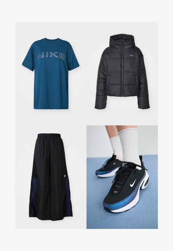 Casaco puffer preto feito de nylon, com fecho éclair à frente, capuz e dois bolsos frontais. O design inclui secções cosidas e um pequeno logo.; Nike Sportswear PHOENIX TEE - T-shirt estampada - armory navy; Calças largas pretas feitas de tecido leve, com um painel lateral azul-marinho e cintura elástica. Pequeno logótipo branco na parte inferior.; Sapatilhas Nike pretas com um upper de tecido suave, apresentando um design em gradiente de azul para preto, sola branca e acentos de logotipo proeminentes.