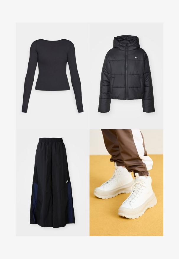 Črna pufasta jakna iz najlona, z zadrgo spredaj, kapuco in dvema sprednjima žepoma. Oblikovanje vključuje šivane dele in majhen logotip.; Crn majica z dolgimi rokavi s prilegajočim krojem, okroglim izrezom in gladko teksturo. Brez vidnih vzorcev ali dodatkov.; Črne široke hlače iz lahkega materiala, z morsko modrim stranskim panelom in elastičnim pasom. Majhna bela oznaka na dnu.; Bele visoke teniske z masivnim, teksturiranim podplatom, z gladkim zgornjim delom, okroglim prstom in toniranimi vezalkami, postavljene na rumeno ozadje.