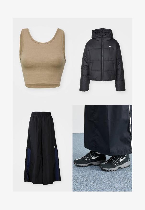 Veste matelassée noire en nylon, avec fermeture éclair sur le devant, capuche et deux poches avant. Le design comprend des sections cousues et un petit logo.; Débardeur court beige en tissu tricoté texturé avec un col rond et de larges emmanchures, présentant une coupe épurée et simple, sans fermetures.; Pantalons larges noirs en tissu léger, avec un panneau latéral bleu marine et une taille élastique. Petit logo blanc en bas.; Des chaussures de sport noires avec un dessus texturé, des accents argentés et une semelle extérieure à motifs, associées à un long vêtement noir. Présentées sur un tapis bleu.
