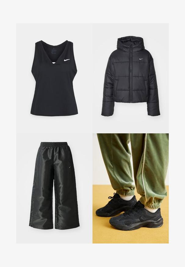 Chaqueta de plumas negra hecha de nailon, con cierre de cremallera frontal, capucha y dos bolsillos delanteros. El diseño incluye secciones cosidas y un pequeño logotipo.; Teléfono negro sin mangas para deportes, con un diseño de cuello en V, hecho de tejido Dri-FIT, con un pequeño logo blanco de Nike en el lado izquierdo del pecho.; Pantalones deportivos negros de tejido brillante y suave, con una cinturilla elástica, pierna ancha y un pequeño logo en el lado izquierdo.; Zapatillas deportivas negras con superposiciones de malla y sintético, suela texturizada, combinadas con pantalones de chándal verdes con puños elásticos, sobre una superficie amarilla.