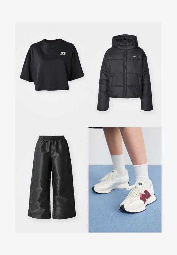 Sort pufferjakke lavet af nylon, med lynlåslukning foran, hætte og to forlommer. Designet inkluderer syede sektioner og et lille logo.; Sort cropped t-shirt lavet af bomuld, med en rund halsudskæring, korte ærmer og et hvidt logo på brystet. Glat tekstur.; Sorte sportsbukser i et blankt, glat stof med en elastisk talje, brede ben og et lille logo på venstre side.; Et par hvide sneakers med maroon detaljer, strukturerede paneler, flad sort sål og lyse snørebånd, båret med hvide ankelstrømper.