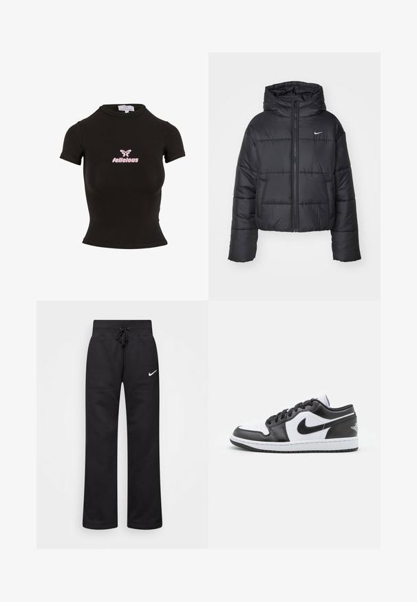Chaqueta de plumas negra hecha de nailon, con cierre de cremallera frontal, capucha y dos bolsillos delanteros. El diseño incluye secciones cosidas y un pequeño logotipo.; Top corto negro de manga corta, confeccionado en un material elástico. Presenta un logo rosa de "felicious" y un gráfico de mariposa en la parte frontal.; Pantalones de chándal negros hechos de una mezcla de algodón, con una cintura elástica ajustable, piernas rectas y un logo blanco de Nike en el lado izquierdo.; Las zapatillas Nike de corte bajo en blanco y negro presentan un upper de cuero suave, puntera redonda, cierre con cordones y una suela de goma con patrón.