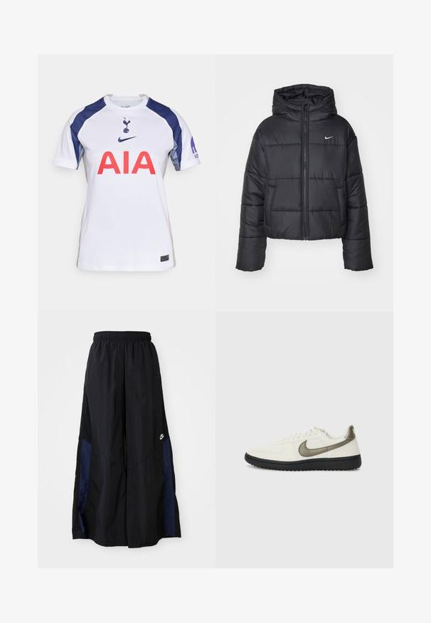 Must värvi puffer-jakk, mis on valmistatud nailonist, omab lukuga esiosa, kapuutsi ja kahte esimest taskut. Disain sisaldab õmmeldud sektsioone ja väikest logo.; Valge lühikeste varrukatega jalgpallijersey, millel on tumesinine aktsent, ümmargune kaelus, suur punane "AIA" logo ja meeskonna vapp rinnal.; Mustad laiad mustad püksid kergest kangast, millel on tumesinine külgpaneel ja elastne vöökoht. Väike valge logo allservas.; Nike Sportswear FIELD GENERAL - Tossud - off-white/black