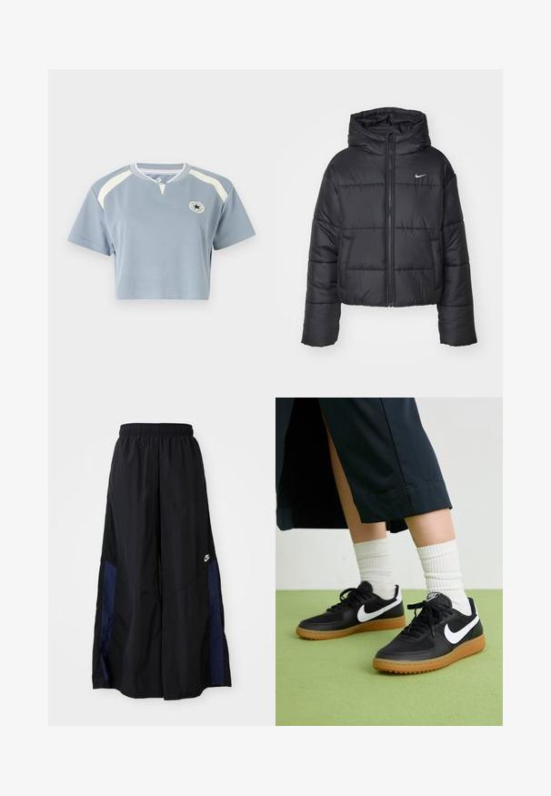Svart boblejakke laget av nylon, med glidelås i front, hette og to frontlommer. Designet inkluderer sydd seksjoner og en liten logo.; Kuttet T-skjorte i lys blå stoff med korte ermer. Har kremfargede detaljer og en sirkel-logo på brystet. Rund halsutskjæring.; Svarte vide bukser laget av lett stoff, med et marineblått sidestykke og elastisk midjebånd. Liten hvit logo nederst.; Sorte lær- og syntetiske joggesko med hvit Nike swoosh, gummisåle, rund tå og sorte lisser. Ribbet hvite sokker synlige.