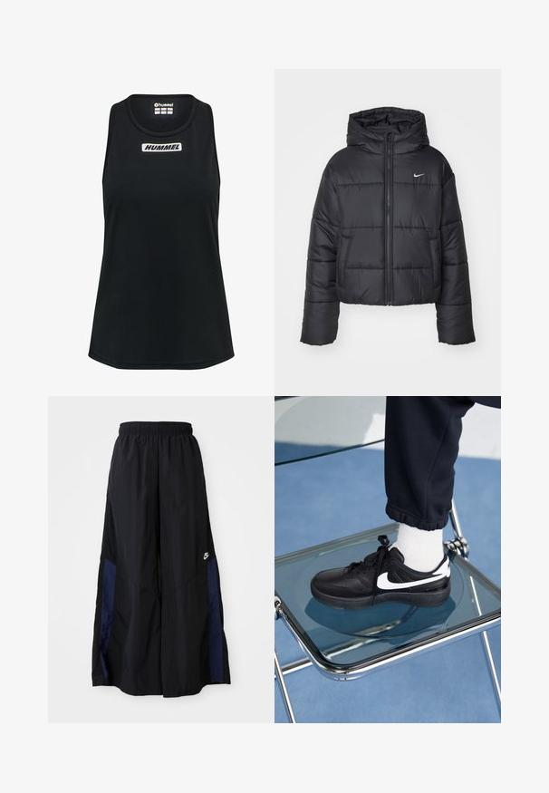 Sort pufferjakke lavet af nylon, med lynlåslukning foran, hætte og to forlommer. Designet inkluderer syede sektioner og et lille logo.; Sort tanktop lavet af glat, letvægtsstof. Har en rund halsudskæring og et hvidt "HUMMEL" logo på forsiden. Ingen yderligere mønstre.; Sorte vide benbukser lavet af letvægtsstof, med et marineblåt sidepanel og en elastisk talje. Lille hvidt logo nederst.; Sorte Nike sneakers med hvide detaljer, der har en glat læderoverflade, snørebånd og rund tå, placeret på en glasstol.