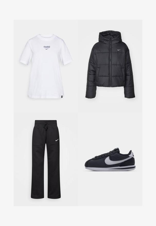 Čierna prešívaná bunda vyrobená z nylonu, s predným zipsom, kapucňou a dvoma prednými vreckami. Dizajn obsahuje prešité časti a malé logo.; Biela bavlnená tričko s modrým textom "PARIS SAINT-GERMAIN" a logom Nike. Klasický okrúhly výstrih a krátke rukávy, voľný strih.; Čierne tepláky vyrobené z bavlnenej zmesi, s elastickým pásom na šnúrku, rovnými nohavicami a bielym logom Nike na ľavej strane.; Čierne športové topánky s sivými akcentmi, hladký syntetický zvršok, textúrovaná podrážka, zaoblená špička a ploché šnúrky. Klasický dizajn s detailom loga.