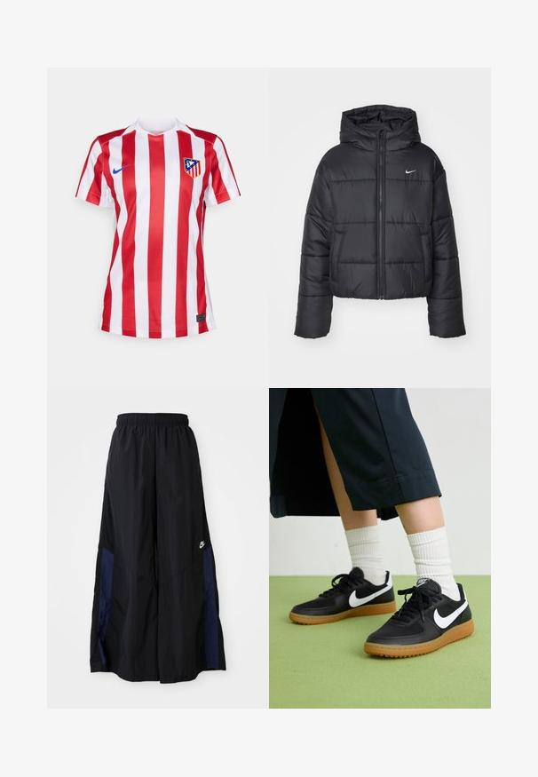 Czarna kurtka puchowa wykonana z nylonu, z zapięciem na zamek, kapturem i dwiema przednimi kieszeniami. Projekt zawiera przeszywane sekcje oraz małe logo.; Czerwona i biała paskowana koszulka piłkarska z dekoltem w serek, z niebieskim logo Nike i herbem klubu na lewej piersi. Wykonana z oddychającego materiału.; Czarne spodnie szerokie wykonane z lekkiego materiału, z granatowym bocznym panelem i elastycznym paskiem w talii. Małe białe logo na dole.; Czarne skórzane i syntetyczne sneakersy z białym logo Nike, gumową podeszwą, okrągłym noskiem i czarnymi sznurowadłami. Widziane są ribbowane białe skarpetki.