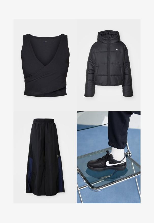 Czarna kurtka puchowa wykonana z nylonu, z zapięciem na zamek, kapturem i dwiema przednimi kieszeniami. Projekt zawiera przeszywane sekcje oraz małe logo.; Czarny top na ramiączkach z dekoltem w serek, wykonany z prążkowanego materiału. Posiada dopasowany krój i małe logo na górnej lewej części.; Czarne spodnie szerokie wykonane z lekkiego materiału, z granatowym bocznym panelem i elastycznym paskiem w talii. Małe białe logo na dole.; Czarne sneakersy Nike z białymi akcentami, charakteryzujące się gładką skórzaną teksturą, zawiązywaną konstrukcją i zaokrąglonym noskiem, umieszczone na szklanym krześle.