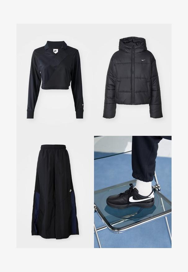 Black puffer jacket made of nylon, featuring a zip front, hood, and two front pockets. The design includes stitched sections and a small logo.; Black long-sleeve cropped polo shirt with a V-neck, featuring a diagonal seam design, smooth texture, and a Nike logo on the sleeve.; Black wide-leg pants made of lightweight fabric, featuring a navy blue side panel and an elastic waistband. Small white logo on bottom.; Black Nike sneakers with white accents, featuring a smooth leather texture, lace-up design, and rounded toe, positioned on a glass chair.