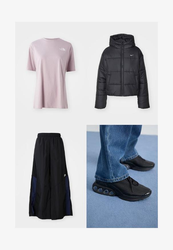 Črna pufasta jakna iz najlona, z zadrgo spredaj, kapuco in dvema sprednjima žepoma. Oblikovanje vključuje šivane dele in majhen logotip.; Svetlo vijolična majica s kratkimi rokavi, narejena iz mehkega blaga, z belim logotipom na zgornjem levem prsnem delu in sproščenim krojem.; Črne široke hlače iz lahkega materiala, z morsko modrim stranskim panelom in elastičnim pasom. Majhna bela oznaka na dnu.; Črne športne superge z mrežastim zgornjim delom, teksturiranimi poudarki in vidnimi zračnimi blazinicami v podplatu. Obute z modrimi kavbojkami.