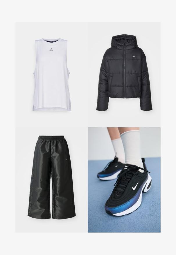 Jachetă puffer neagră din nailon, cu fermoar în față, glugă și două buzunare frontale. Designul include secțiuni cusute și un mic logo.; Top alb fără mâneci, confecționat din bumbac, cu decolteu rotund și feronerie pe laturi. Mic logo negru Jordan pe piept.; Pantaloni sportivi negri dintr-un material lucios si neted, dotati cu o talie elastica, picioare late si un logo mic pe partea stanga.; Adidași negri Nike cu un material superior neted, având un design în gradient de la albastru la negru, talpă albă și accente logo proeminente.