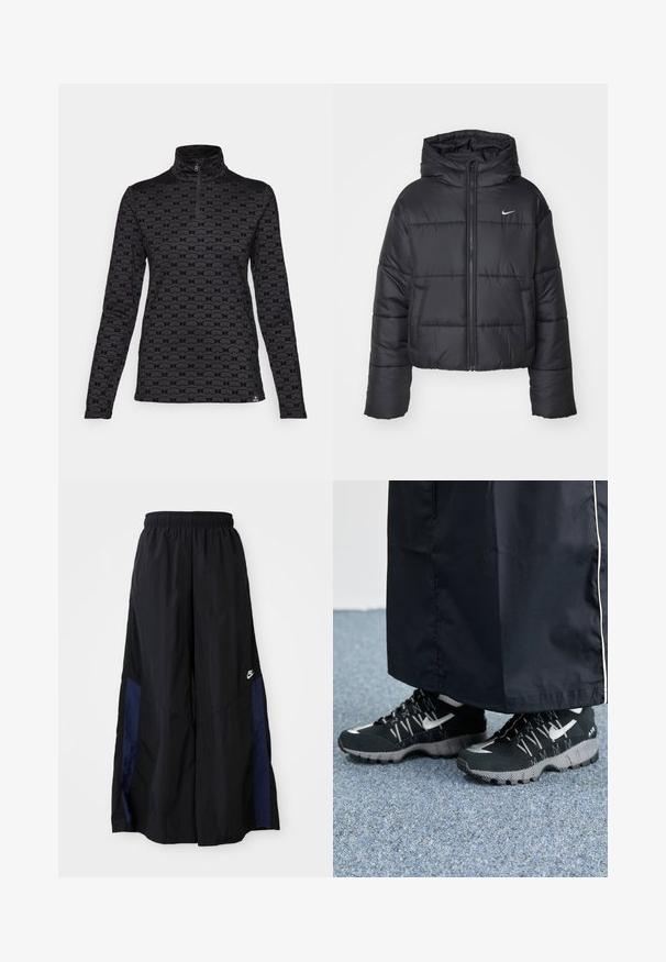 Fekete pehelydzseki, amely nejlonból készült, elöl cipzárral, kapucnival és két elülső zsebbel rendelkezik. A dizájnja varrott részeket és egy kis logót tartalmaz.; Bogner Fire + Ice MARGO2 - Hosszú ujjú felső - black; Fekete, bő szárú nadrág könnyű anyagból, tengerészkék oldalsó panellel és elasztikus derékkal. Kicsi fehér logó az alján.; Fekete sportcipők, textúrált felsőrésszel, ezüst kiegészítőkkel és mintás talppal, fekete hosszú ruhadarabbal párosítva. Kék szőnyegen.