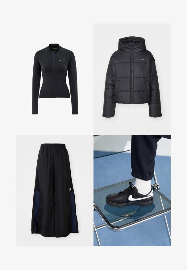 Veste matelassée noire en nylon, avec fermeture éclair sur le devant, capuche et deux poches avant. Le design comprend des sections cousues et un petit logo.; Veste noire à manches longues avec un col montant ; dispose d'une fermeture éclair à l'avant, de panneaux latéraux en mesh et du logo FALKE en blanc sur la poitrine.; Pantalons larges noirs en tissu léger, avec un panneau latéral bleu marine et une taille élastique. Petit logo blanc en bas.; Baskets Nike noires avec des accents blancs, présentant une texture en cuir lisse, un design à lacets et un bout rond, placées sur une chaise en verre.