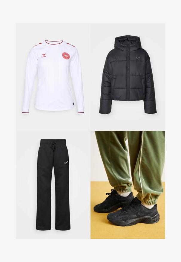 Černá péřová bunda vyrobená z nylonu, s předním zipem, kapucí a dvěma předními kapsami. Design zahrnuje prošívané části a malé logo.; Bílý dlouhý rukáv svetr vyrobený z hladké látky, zdobený červenými akcenty na ramenou a límci, a s kruhovým červeným logem na hrudi.; Černé tepláky vyrobené z bavlněné směsi, s elastickým páskem na šňůrku, rovnými nohavicemi a bílým logem Nike na levé straně.; Černé sportovní tenisky s síťovinou a syntetickými překryvy, s texturovanou podrážkou, spárované se zelenými tepláky s elastickými manžetami, na žlutém povrchu.