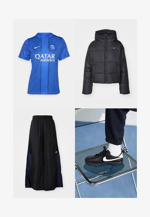 Černá péřová bunda vyrobená z nylonu, s předním zipem, kapucí a dvěma předními kapsami. Design zahrnuje prošívané části a malé logo.; Modrá fotbalová dres s geometrickým vzorem, kulatým výstřihem, krátkými rukávy a logy Nike a Qatar Airways.; Černé kalhoty širokého střihu vyrobené z lehkého materiálu, s námořnickou modrou bočním panelem a elastickým pasem. Malé bílé logo na spodní části.; Černé tenisky Nike s bílými akcenty, s hladkou koženou texturou, šněrovacím designem a zaoblenou špičkou, umístěné na skleněné židli.