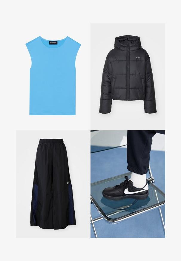 Musta puhallettava takki, joka on valmistettu nylonsesta, varustettu vetoketjukiinnityksellä, hupulla ja kahdella etutaskulla. Suunnittelussa on brodeerattuja osia ja pieni logo.; Sinisestä hihattomasta paidasta, joka on tehty sileästä kankaasta. Paidassa on pyöreä kaula-aukko ja siistit linjat, ilman lisäkoristeluja tai kuvioita.; Musta leveälahkeinen housu, joka on valmistettu kevyestä kankaasta. Housuissa on tummansininen sivupaneeli ja joustava vyötärö. Alhaalla on pieni valkoinen logo.; Mustat Nike-tennarit valkoisilla yksityiskohdilla, joissa on sileä nahkapinta, nauhakiinnitys ja pyöreä varvas, aseteltuna lasituolille.