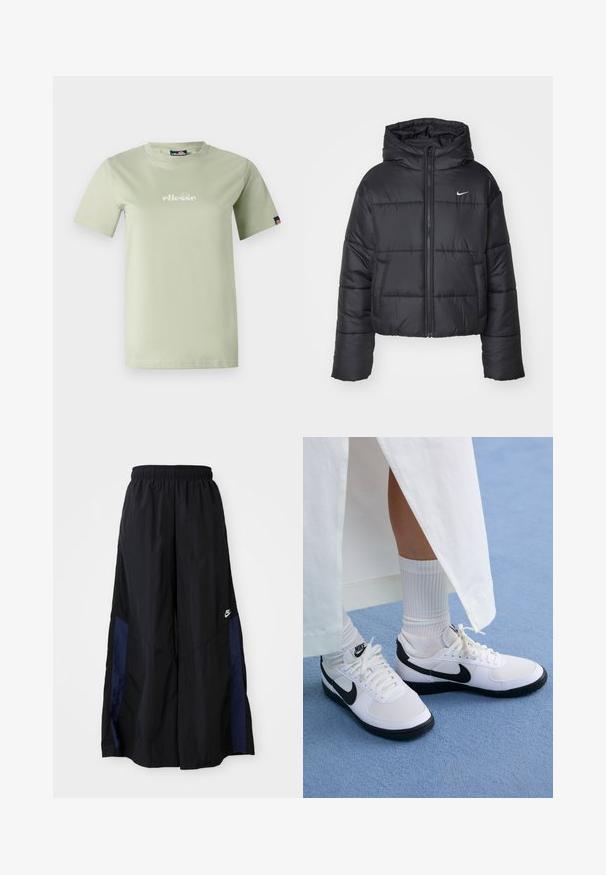Chaqueta de plumas negra hecha de nailon, con cierre de cremallera frontal, capucha y dos bolsillos delanteros. El diseño incluye secciones cosidas y un pequeño logotipo.; Camiseta de algodón verde claro con mangas cortas y cuello redondo. Presenta un logo blanco en la parte delantera y una pequeña etiqueta de color en la manga.; Pantalones de pierna ancha negros, confeccionados en una tela ligera, con un panel lateral azul marino y una cinturilla elástica. Logotipo blanco pequeño en la parte inferior.; Zapatillas Nike blancas con acentos negros, que presentan un upper de cuero suave, cordones blancos y suelas de goma resistentes, combinadas con calcetines blancos acanalados.