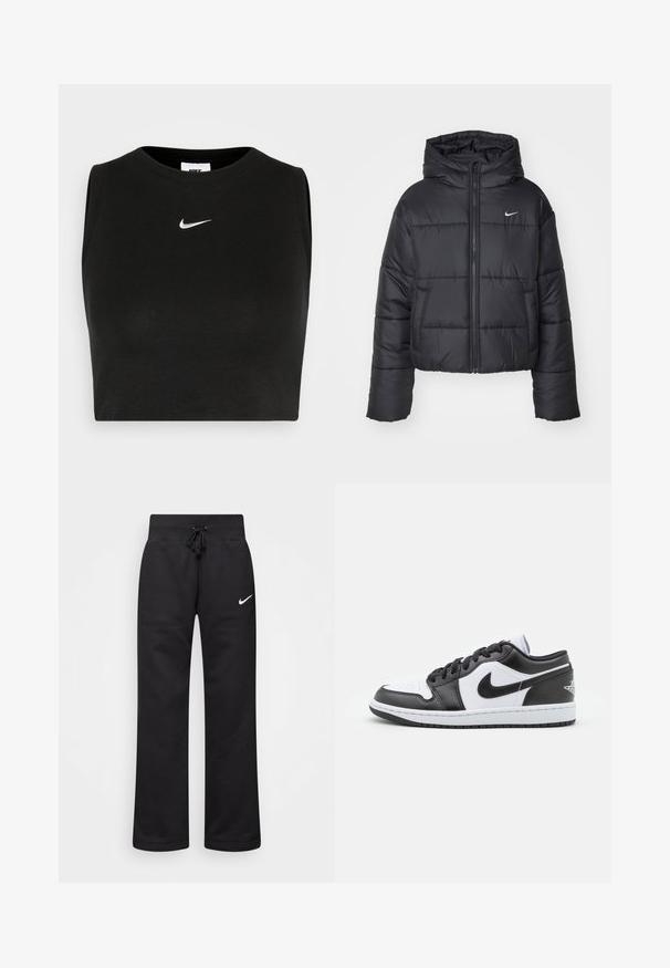 Černá péřová bunda vyrobená z nylonu, s předním zipem, kapucí a dvěma předními kapsami. Design zahrnuje prošívané části a malé logo.; Černý bezrukávový crop top vyrobený z žebrovaného materiálu, s kulatým výstřihem a malým bílým logem Nike na hrudi.; Černé tepláky vyrobené z bavlněné směsi, s elastickým páskem na šňůrku, rovnými nohavicemi a bílým logem Nike na levé straně.; Černobílé nízké tenisky Nike mají hladký kožený svršek, kulatou špičku, šněrování a vzorovanou gumovou podrážku.
