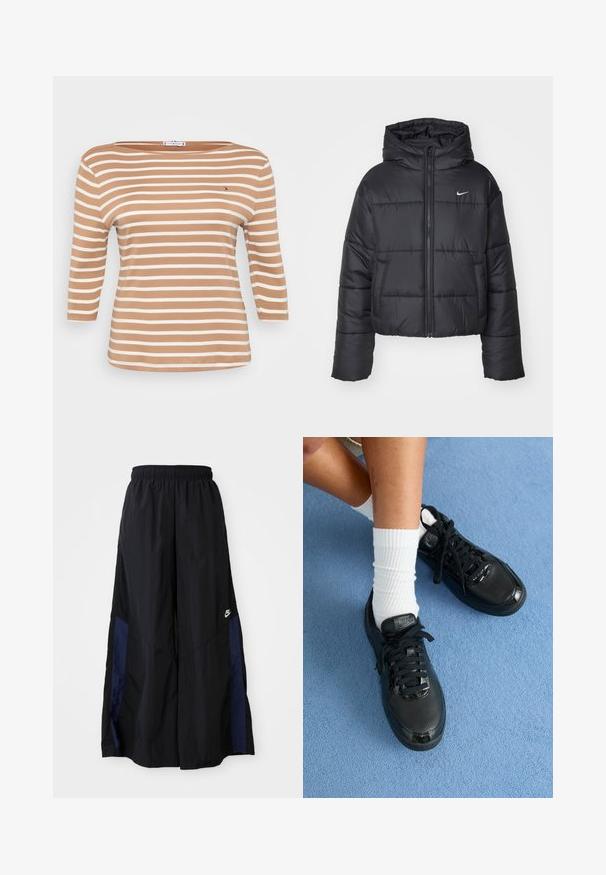 Črna pufasta jakna iz najlona, z zadrgo spredaj, kapuco in dvema sprednjima žepoma. Oblikovanje vključuje šivane dele in majhen logotip.; Prugasta majica s dugim rukavima u svijetlo smeđoj i bijeloj boji, s lađastim izrezom i mekanim pamukom. Sadrži mali logo na prsima.; Črne široke hlače iz lahkega materiala, z morsko modrim stranskim panelom in elastičnim pasom. Majhna bela oznaka na dnu.; Črne Nike športne copate odlikuje teksturirana površina, sijoči detajli in okrogli vezalke. Ujemajo se z belimi rebrastimi nogavicami na svetlo modri podlagi.