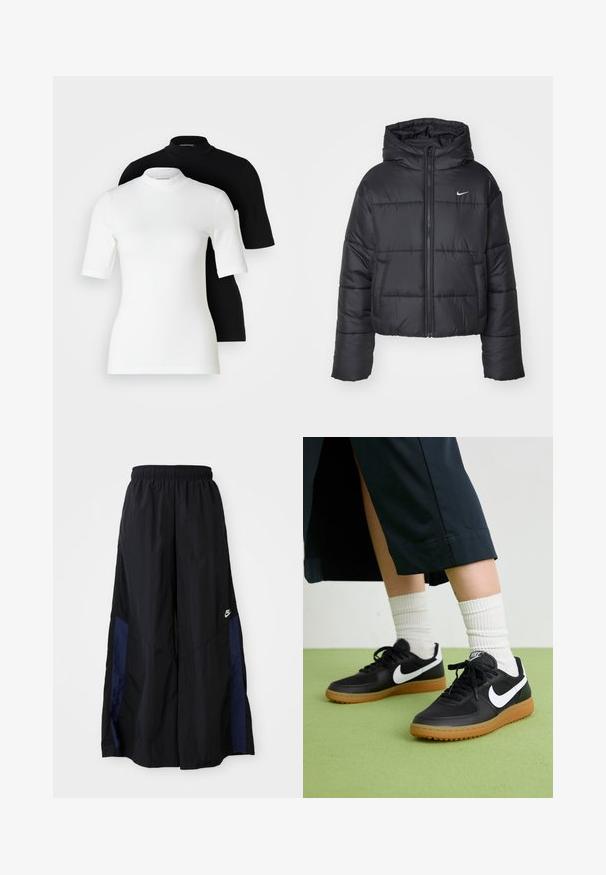 Chaqueta de plumas negra hecha de nailon, con cierre de cremallera frontal, capucha y dos bolsillos delanteros. El diseño incluye secciones cosidas y un pequeño logotipo.; Dos camisetas de manga corta con cuello alto: una blanca y una negra. Ambas están hechas de una tela suave y elástica con siluetas ajustadas y cuellos redondos.; Pantalones de pierna ancha negros, confeccionados en una tela ligera, con un panel lateral azul marino y una cinturilla elástica. Logotipo blanco pequeño en la parte inferior.; Zapatillas de cuero negro y sintético con el swoosh blanco de Nike, suela de goma, punta redonda y cordones negros. Calcetines blancos acanalados visibles.