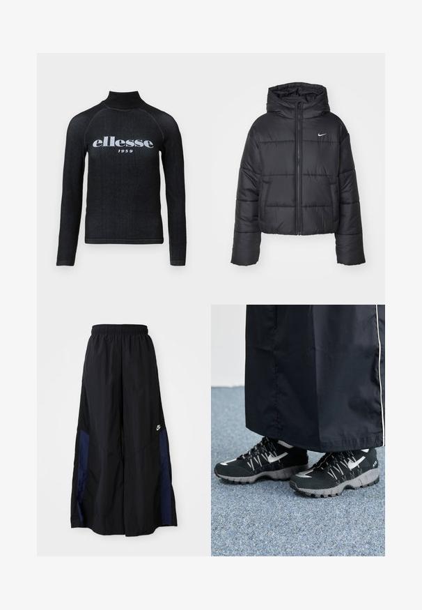 Juodas pūkinis švarkas, pagamintas iš nailono, su užtrauktuku šone, gobtuvu ir dviem priekiniais kišenėmis. Dizainas apima siūtas dalis ir mažą logotipą.; Juodas ilgomis rankovėmis viršus su aukštu apykakle, kuriame yra baltas spausdintas "ellesse 1959" logotipas ant krūtinės; glotni, tampri medžiaga.; Juodos plačios kojų kelnės, pagamintos iš lengvos medžiagos, su tamsiai mėlyna šonine juostele ir elastinga juosmens juosta. Maža balta logotipo etikete apačioje.; Juodi sportiniai bateliai su tekstūruota viršutine dalimi, sidabriniais akcentais ir raštuotu padu, derinami su juoda ilga apranga. Fonas - mėlynas kilimas.