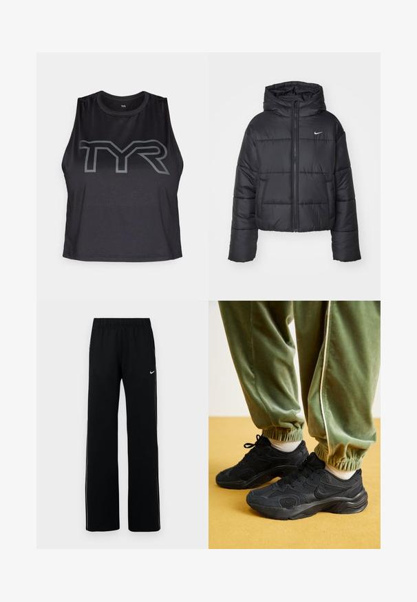 Fekete pehelydzseki, amely nejlonból készült, elöl cipzárral, kapucnival és két elülső zsebbel rendelkezik. A dizájnja varrott részeket és egy kis logót tartalmaz.; Fekete ujjatlan sportfelső hálós anyagból, amelynek elején egy hangsúlyos szürke TYR logó található. Kerek nyakkivágás és laza szabás jellemzi.; Fekete sportnadrág széles lábakkal, rugalmas derékrésszel, oldalsó zsebekkel és fehér kontrasztcsíkokkal; Nike márkajelzés a bal felső részen.; Fekete sportcipők hálós és szintetikus borítással, texturált talppal, zöld, rugalmas mandzsettájú melegítőnadrággal, sárga felületen.