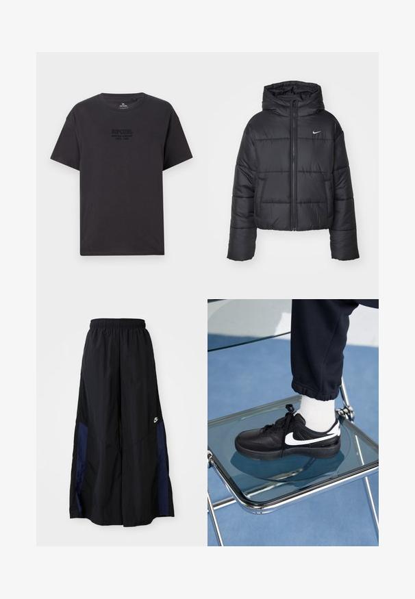 Giubbotto imbottito nero in nylon, con zip frontale, cappuccio e due tasche frontali. Il design presenta sezioni cucite e un piccolo logo.; T-shirt in cotone nero con collo rotondo, maniche corte e un sottile logo in rilievo "Ripcurl Surfing Company" sul petto.; Pantaloni neri a gamba larga realizzati in tessuto leggero, con un pannello laterale blu navy e una cintura elastica. Piccolo logo bianco sul fondo.; Sneakers Nike neri con accenti bianchi, caratterizzati da una superficie in pelle liscia, design con lacci e punta rotonda, posizionati su una sedia di vetro.