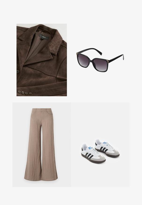 Bruine suède jas met een gekarteld kraag, enkele knoopsluiting en een gladde binnenvoering. Beschikt over vijf knoopaccenten aan de voorkant.; Lichtroze overhemd met lange mouwen en witte verticale strepen, met bijpassende stropdas. Soepele textuur, button-down kraag en manchet met knopen.; Lichtbruine wijde broek met een gestructureerde afwerking, met een hoge taille, zijzakken en een vloeiende, losse pasvorm.; Sportschoenen met een witte leren bovenkant, grijze suède neus en drie zwarte strepen. Bevat een blauw logo op de tong en een gestructureerde rubberen zool.; Zwarte zonnebril met gradiënt grijze lenzen, oversized vierkante monturen met gouden accentdetails op de hoeken en slanke zwarte pootjes.; Geweven olijfgroene handtas met een ronde vorm en een gedraaide handgreep. De textuur heeft een diagonaal patroon. Ritssluiting.