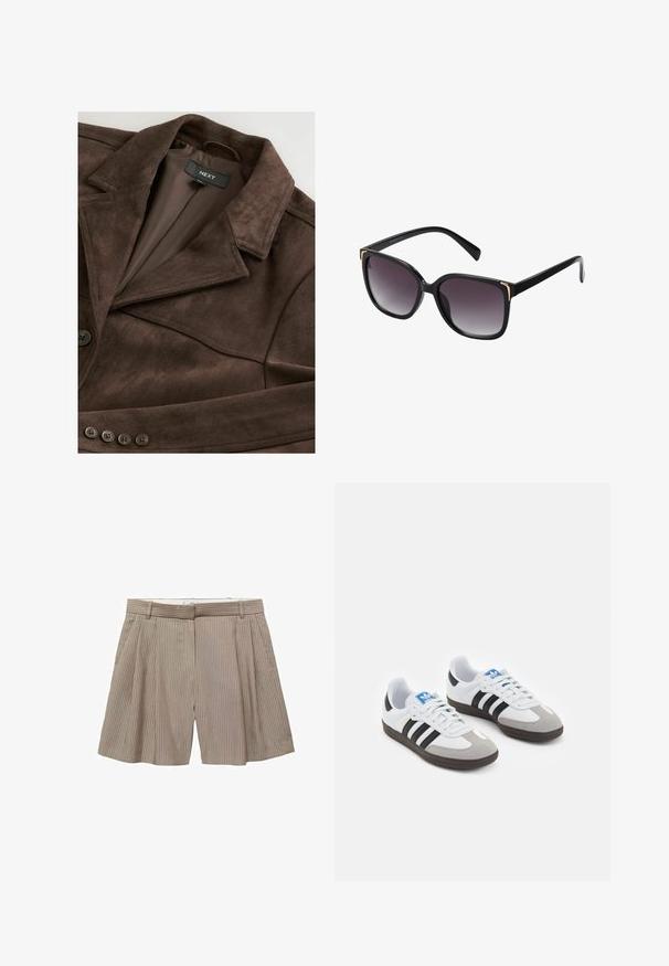 Rjav semiš plašč z izrezanim ovratnikom, zapiranjem na en gumb in gladko notranjostjo. Ima pet naramnic na sprednji strani.; Svetlo roza srajca z dolgimi rokavi z belimi vertikalnimi črtami in usklajeno kravato. Gladka tekstura, ovratnik s gumbi in manšete s treglji.; Bež kratke hlače z naborki, izdelane iz tkanine z navpičnimi črtami. Imajo pas z zankami za pas in ravno krojenje.; Športni čevlji z belim usnjenim zgornjim delom, sivim semišem na prstih in tremi črnimi črtami. Imajo modro logo na jeziku in teksturiran gumijast podplat.; Črne sončne naočare z gradientnimi sivočrnimi lečami, velike kvadratne oblike z zlatimi detajli na vogalih in elegantnimi črnimi kraki.; Tkanina olivno zelena torba z okroglo obliko in zvitim ročajem. Tekstura površine vsebuje diagonalni vzorec. Zadrga za zapiranje.