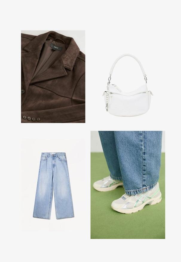Braune Wildlederjacke mit Reverskragen, Ein-Knopf-Verschluss und glatter Innenauskleidung. Verfügt über fünf Knopfakzente entlang der Vorderseite.; Weißes Baumwoll-T-Shirt mit einem Grafikdesign von animierten Autos. Der Text lautet "RADIATOR SPRINGS" und "DIE STRASSE GEHÖRT DIR. FÄHR ES MIT STIL."; Bershka WIDE-LEG - Wide Leg - light-blue denim; Weiße und silberne Netzsneaker mit grünen Akzenten, kombiniert mit lockeren blauen Jeans, stehen auf einem grünen Teppichboden.; Weißes Kunstleder-Handtäschchen mit kurvenförmigem Design, strukturiertem Henkel, silberner Hardware und einer mit Reißverschluss versehenen Tasche. Mit eingeprägtem Logo.