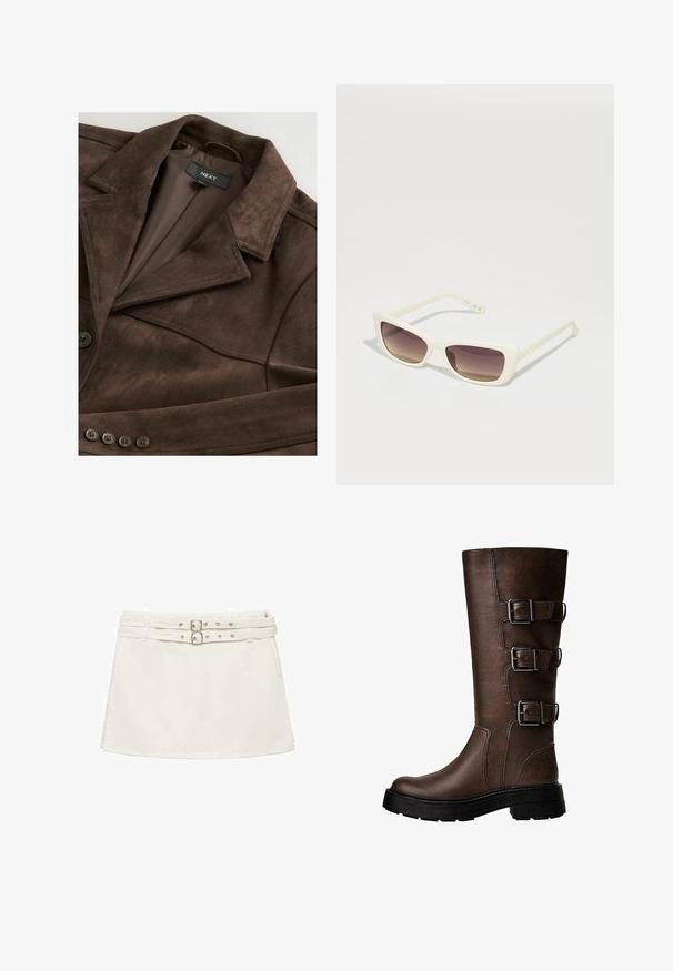 Veste en daim marron avec un col à revers, fermeture à un bouton et doublure lisse. Comprend cinq accents de boutons sur le devant.; Écharpe en dentelle blanche avec un design asymétrique, présentant un motif texturé, un tissu doux et une drape fluide sur un côté.; Mini-jupe en denim blanc avec une taille à double ceinture, présentant des accessoires en argent et une texture lisse et plate. Design simple et décontracté.; Botte en cuir marron jusqu'au genou avec trois boucles métalliques, surface texturée, bout rond et semelle épaisse pour la stabilité.; Lunettes de soleil blanches avec une monture rectangulaire et des verres dégradés bruns. Présentent une texture en plastique lisse et un logo sur le côté de la branche.; Stradivarius SET - Bracelet - dark brown