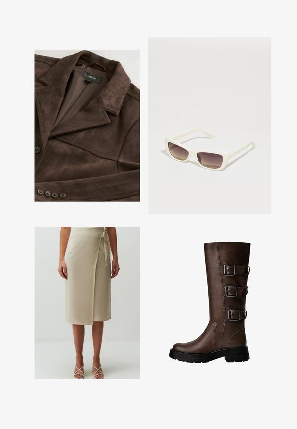 Giacca in suede marrone con colletto a punta, chiusura con un bottone e fodera interna morbida. Presenta cinque dettagli a bottone sul davanti.; Sciarpa bianca in pizzo con design asimmetrico, caratterizzata da un motivo testurizzato, tessuto morbido e una caduta fluida lungo un lato.; Gonna avvolgente beige realizzata in tessuto leggero, con dettagli annodati in vita e taglio sopra al ginocchio. Texture liscia con una leggera lucentezza.; Stivale in pelle marrone alto fino al ginocchio con tre fibbie metalliche, superficie testurizzata, punta arrotondata e suola spessa per stabilità.; Occhiali da sole bianchi con montatura rettangolare e lenti a gradiente marrone. Presentano una superficie in plastica liscia e un logo sul lato dell'asta.; Stradivarius SET - Bracciale - dark brown