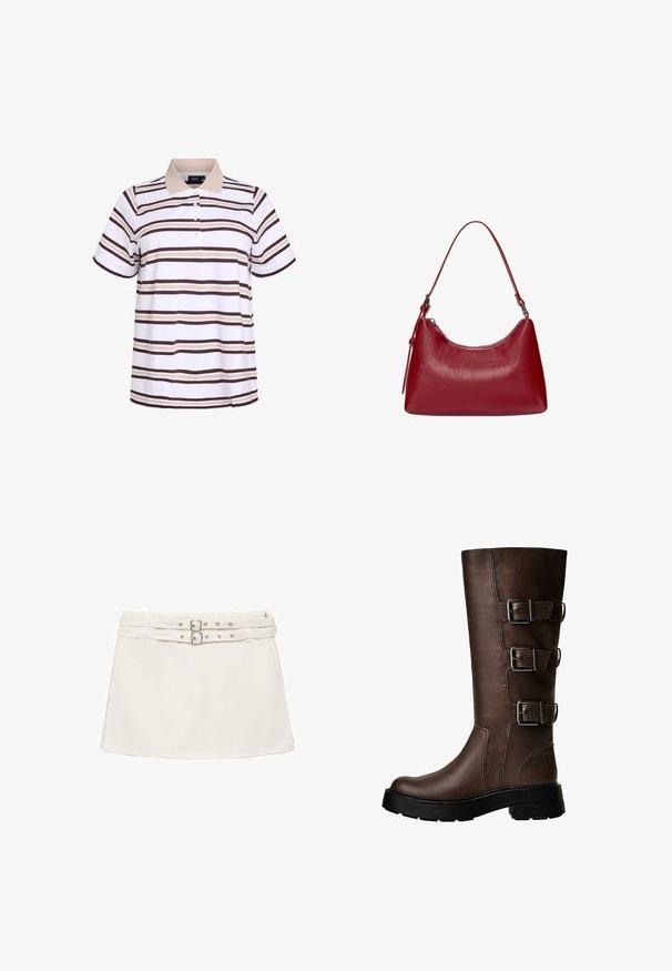 Brun mocka jacka med slagkrage, enknappsstängning och slät innerfoder. Har fem knappdetaljer längs framsidan.; Poloshirt med korta ärmar, med vitt tyg och bruna och beiga horisontella ränder. Krage med tre knappar.; Vit denim minikjol med dubbelbälte i midjan, med silverfärgade detaljer och en platt, slät yta. Enkel, avslappnad design.; Bruna läderstövlar som går upp till knäna, med tre metallspännen, texturerad yta, rund tå och kraftig sula för stabilitet.; Röd läderaxelväska med en rundad design, slät yta och dragkedjestängning. Den har ett tunt handtag för bärande.; Stradivarius SET - Armband - dark brown