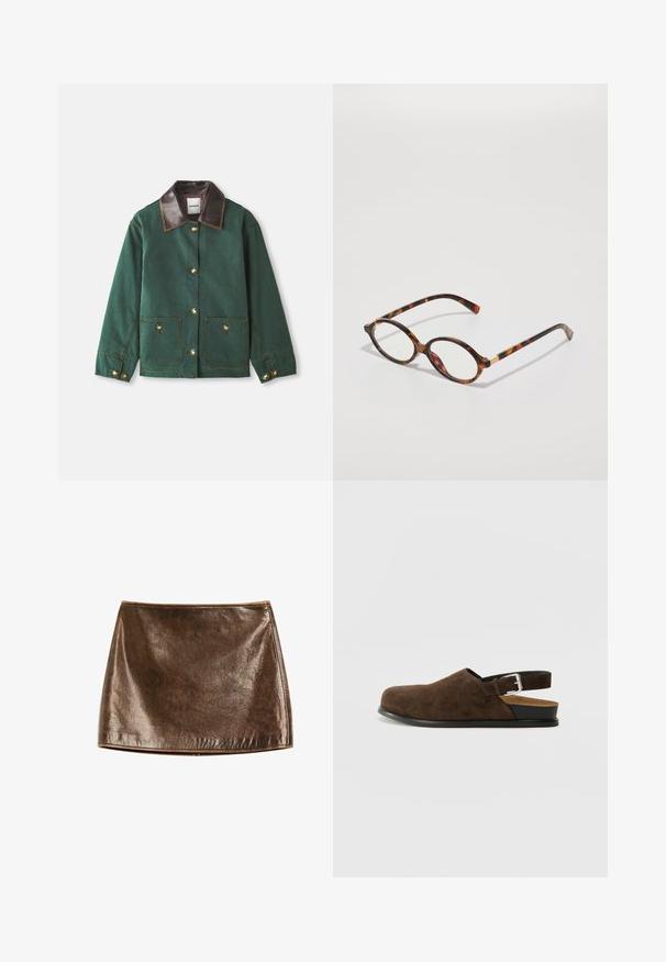 Zielona kanwa kurtka z brązowym skórzanym kołnierzem, z zapięciem na złote guziki, dwiema przednimi kieszeniami i kontrastowymi detalami w szwie.; Bordowy sweter polo z długim rękawem w białe poziome paski, z kołnierzykiem i trzema guzikami z przodu. Miękka tekstura.; Brąskowy metaliczny mini spódniczka o gładkiej, błyszczącej fakturze. Posiada prosty wzór i czyste linie, z prostym dołem.; Brązowy zamszowy but wsuwany z niskim obcasem, regulowanym paskiem z srebrną klamrą i czarną gumową podeszwą.; Okulary w kształcie owalnym w kolorze tortoishell, z przezroczystymi soczewkami i złotymi akcentami. Posiadają wygięte zauszniki oraz gładkie, błyszczące wykończenie.; Brązowa torba hobo z zamszu o miękkim, luźnym kształcie, z pojedynczym paskiem na ramię i subtelnym szwem wzdłuż krawędzi.